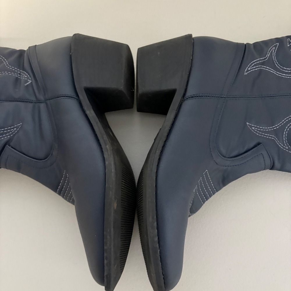 Navy Blue Western Cowboy Boots Faux Leather Pointed Toe Block Heel Mid Calf - Picture 6 of 11